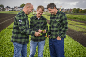Mark, William and Pine in chard field at PopFest 2022