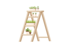 Digital illustration of a ladder holding a variety of plants in planters.