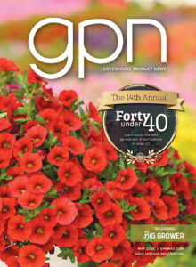 The cover of GPN May issue showing red calibrachoa flowers