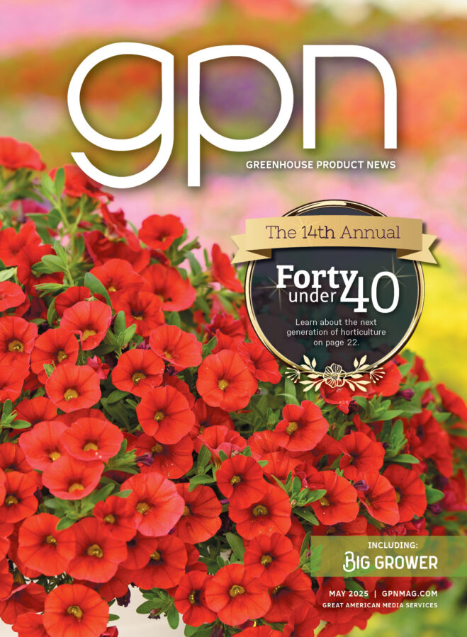 The cover of GPN May issue showing red calibrachoa flowers
