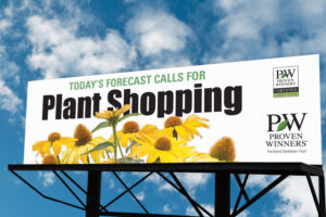 Billoard with with background and yellow flowers that says: Plant Shopping.