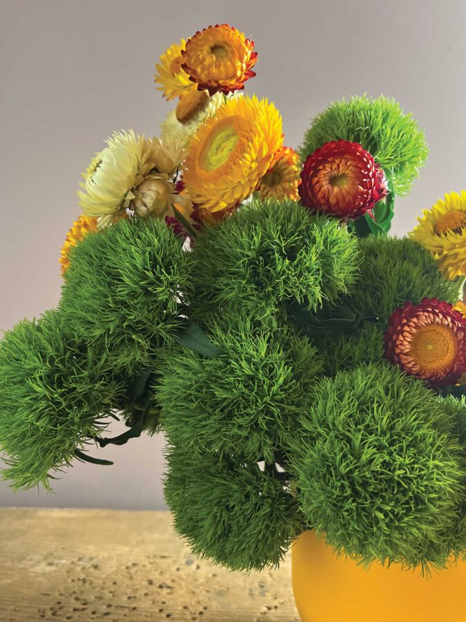 Floral arrangement with red, yellow flowers and green ball-shaped flowers