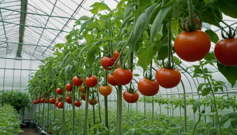 Ripe red tomatoes growing in a greenhouse. Vegetable garden.