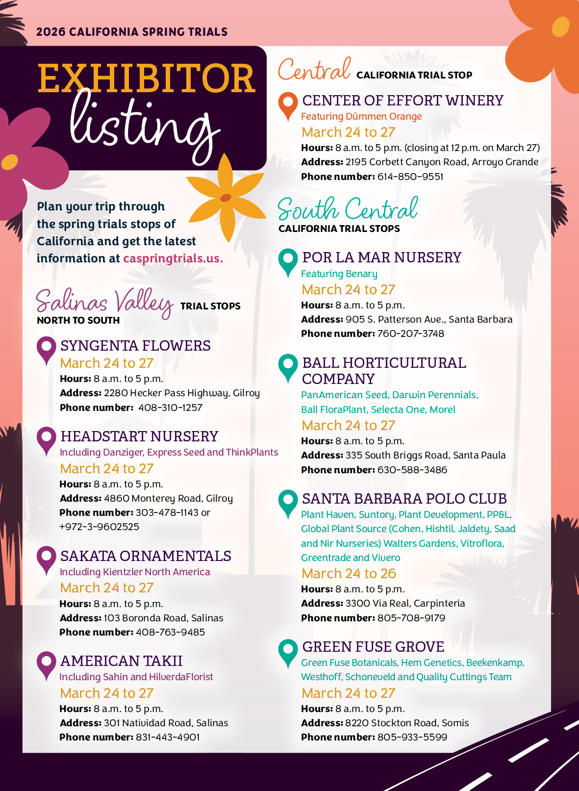 infographic of exhibitors for the 2026 California Spring Trials including locations, dates and times