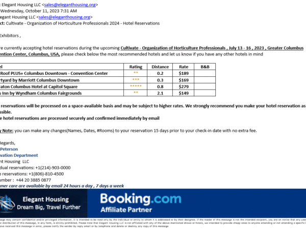 Scam email shared from AmericanHort