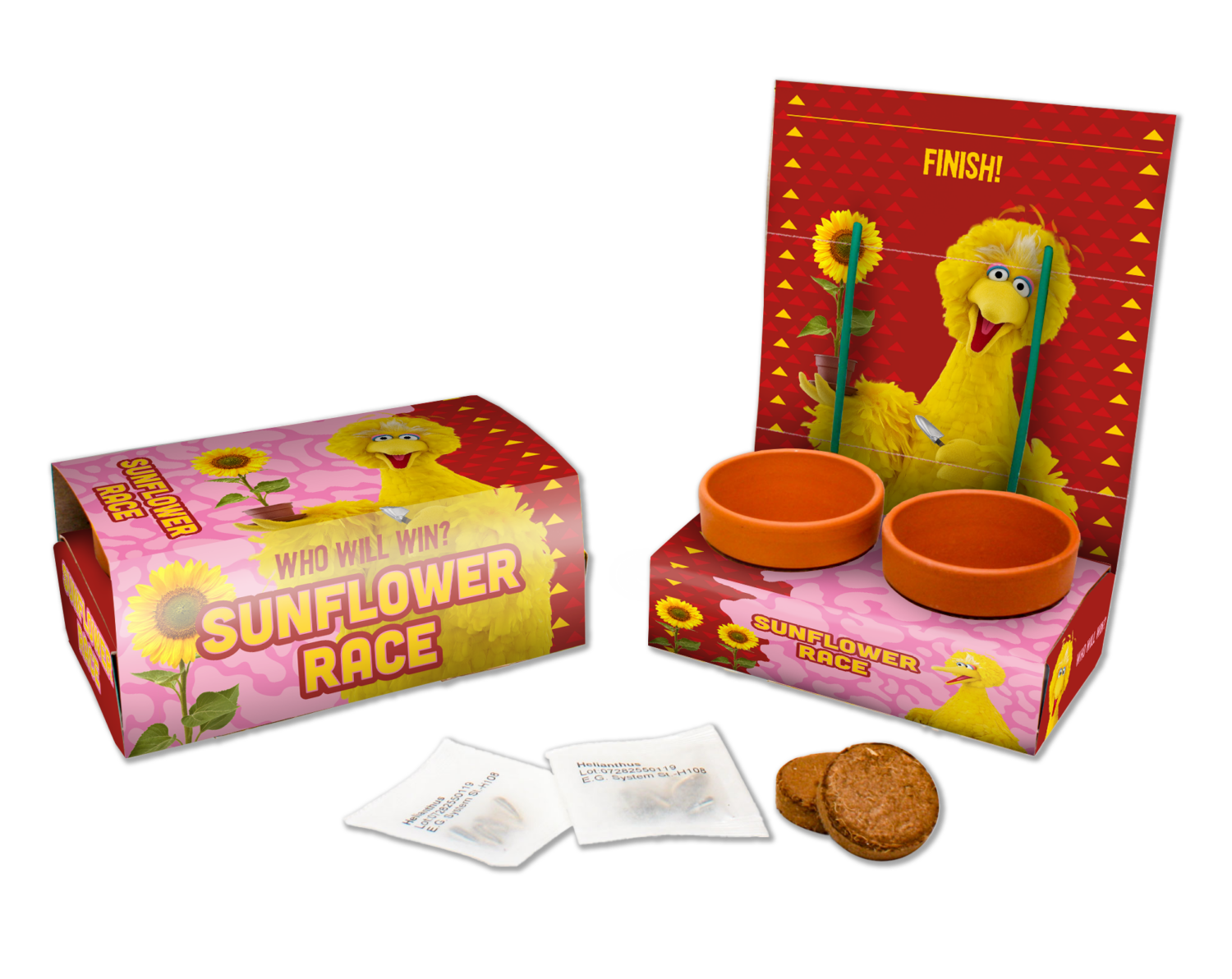 Sunflower race game with Big Bird on the packaging. 