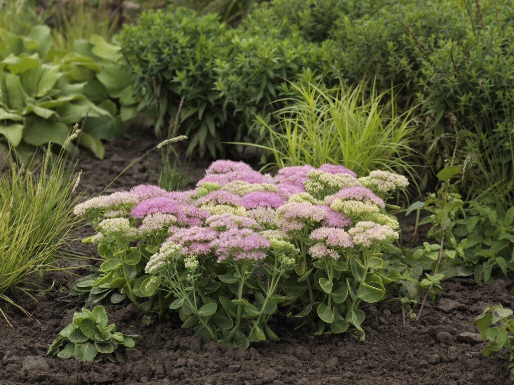 pink sedum plant flowering in the landscape