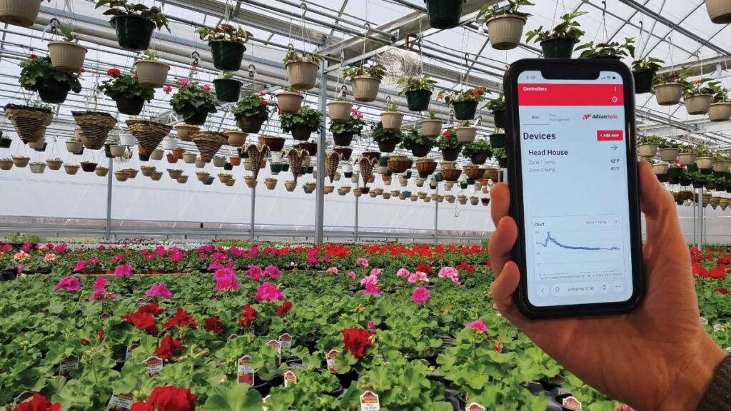 AdvanSync, a cloud-
based service
from Advancing
Alternatives, allows
for proactive climate
a hand holding a mobile phone with a commercial greenhouse interior as the background